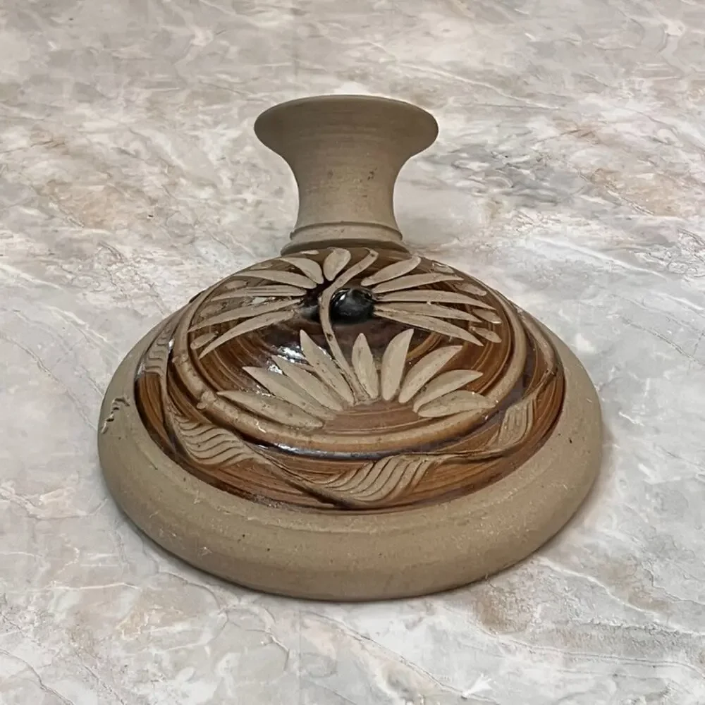 Sandstone Pottery Flat Water Vase Vessel Brown Signed